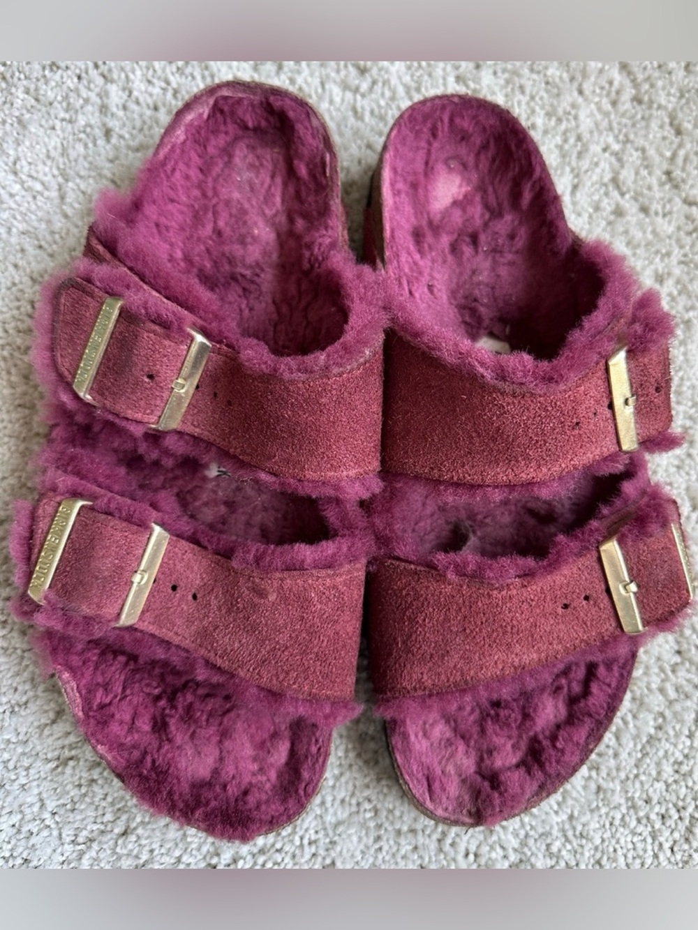 Birkenstock Arizona Maroon Purple Suede Shearling Double Strap Sandals 40
